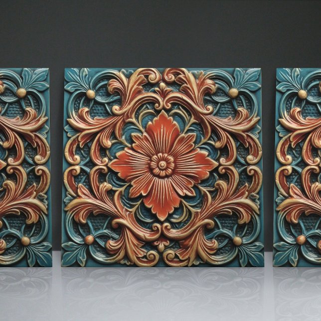 Floral Victorian Teal Orange Leaf Patterns Ceramic Tile (Creator Uploaded)