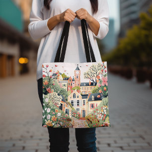 Floral Village Scene Tote Bag, Cottagecore Tote Bag