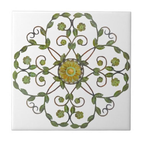 floral vine flower design pattern _ green yellow ceramic tile