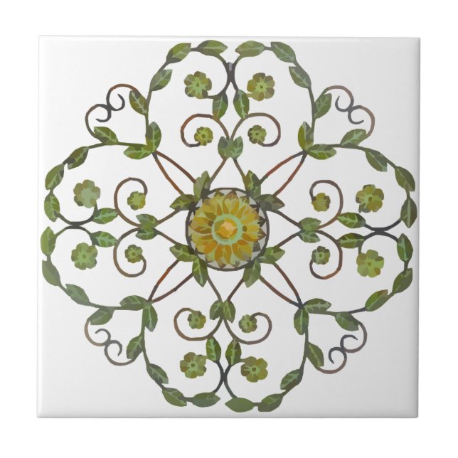floral vine flower design pattern - green yellow ceramic tile (Front)