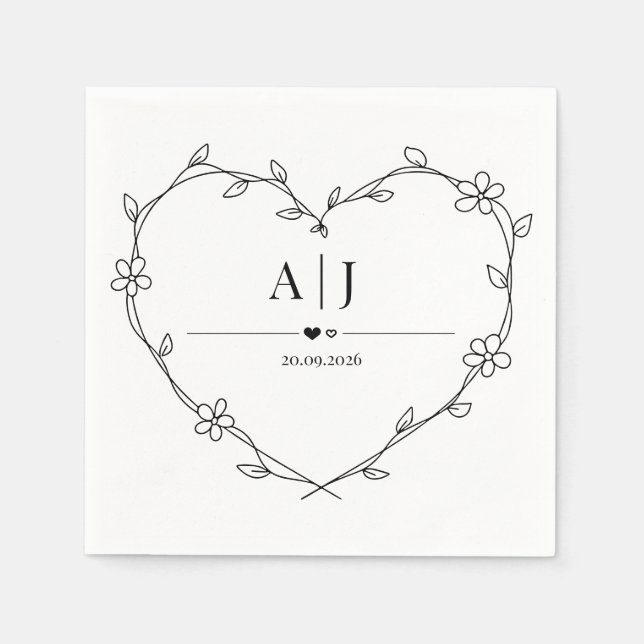 Floral Vine Heart Monogram Wedding Napkins (Front)