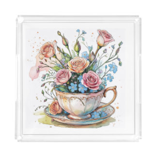  Floral Vine Pattern – Soft Watercolor Boho art Acrylic Tray