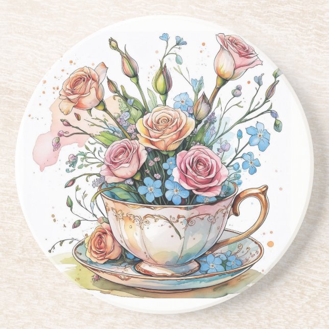  Floral Vine Pattern – Soft Watercolor Boho art Coaster (Front)