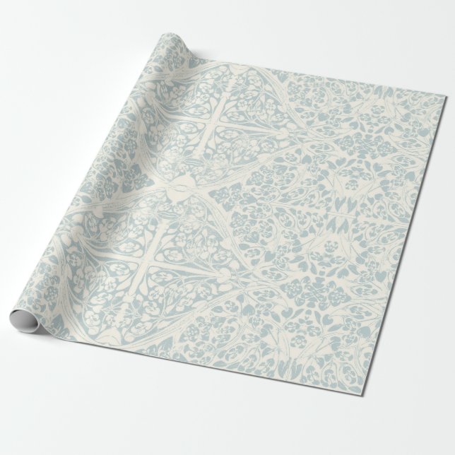 Floral Vines Arabesque Blue and Ivory Decoupage Wrapping Paper (Unrolled)