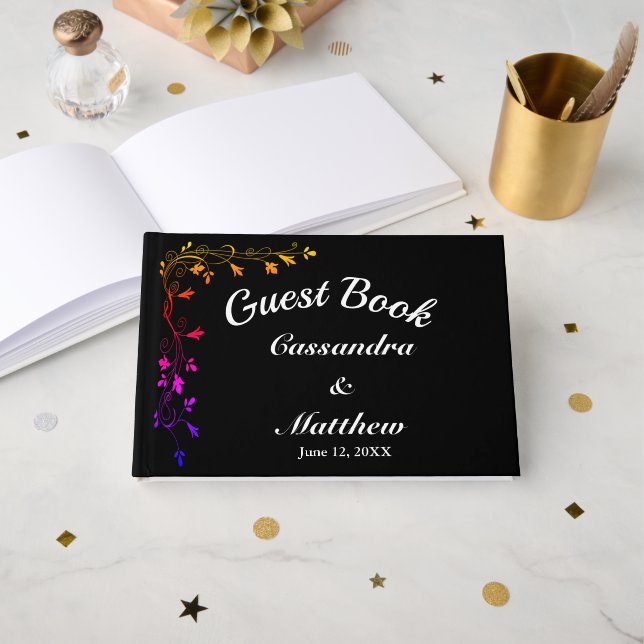 Floral Vines in Neon Black Background Guest Book (Front Open)