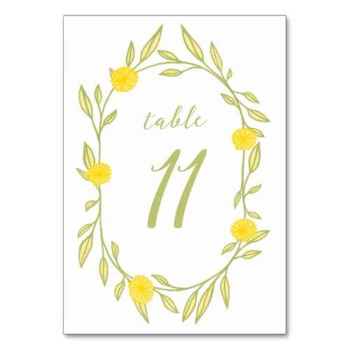 Floral Vines Wreath Chic Elegant Yellow Green Table Number