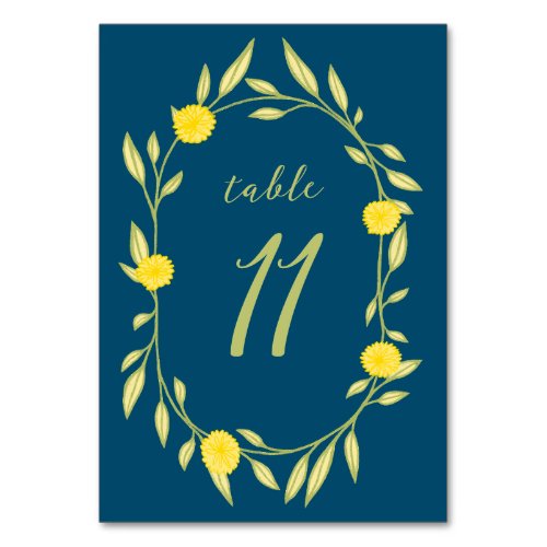 Floral Vines Wreath Chic Elegant Yellow Green Table Number