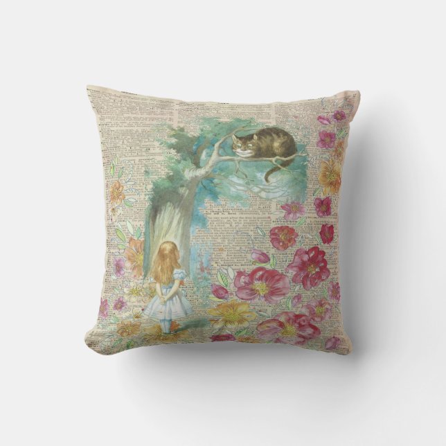 Floral Vintage Alice In Wonderland Throw Pillow (Front)