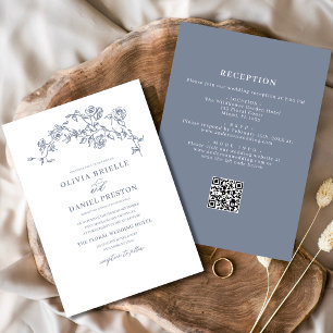 Floral Vintage All in One Dusty Blue Wedding Invitation