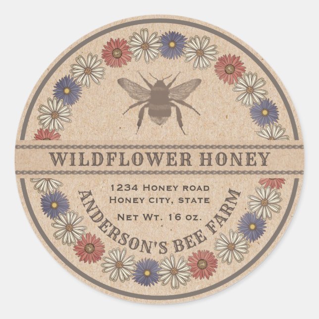 Floral vintage bee Kraft honey jar label (Front)