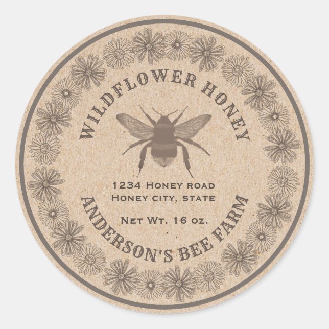Floral vintage bee Kraft honey jar label (Front)