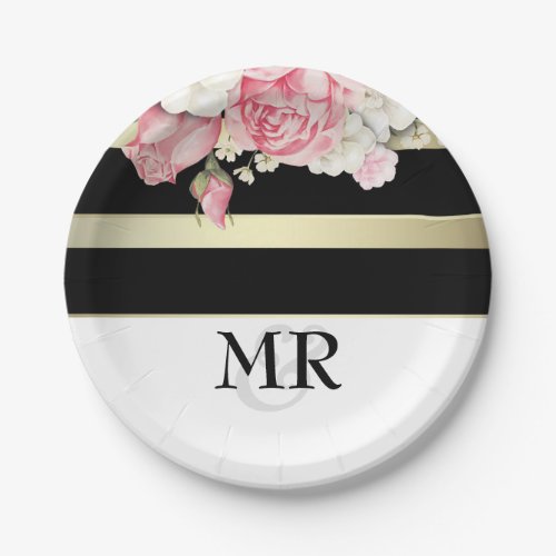 Floral Vintage Black Gold White Stripes Wedding Paper Plates