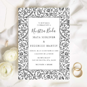 Floral Vintage Black & White Nuestra Boda Wedding Invitation