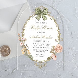 Floral Vintage Boho Sage Baby Shower Acrylic Invitations