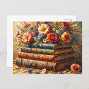 Floral Vintage Bookstack Painting Postcard
