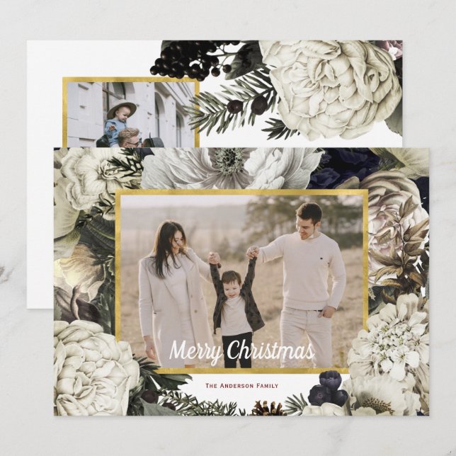 Floral Vintage Christmas Photo Holiday Card (Front/Back)