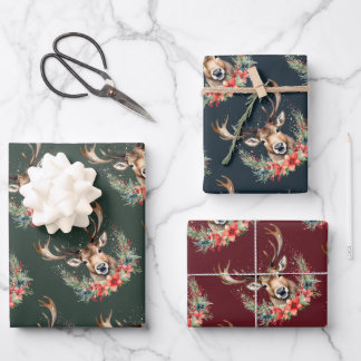 Floral Vintage Christmas Reindeer Wrapping Paper Sheets