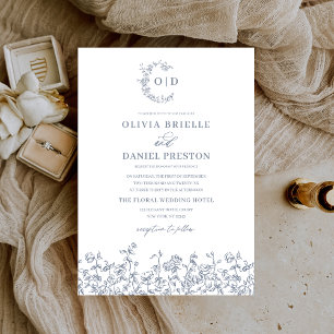 Floral Vintage Dusty Blue Monogram Wedding Invitation