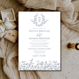 Floral Vintage Dusty Blue Monogram Wedding Invitation