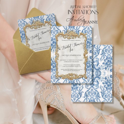 Floral Vintage Elegant Blue Gold Bridal Shower Foil Invitation