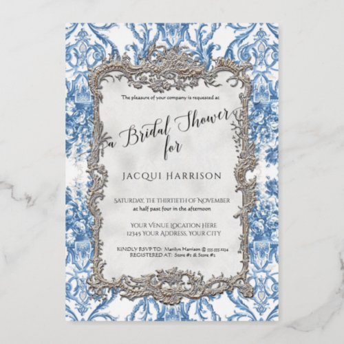 Floral Vintage Elegant Blue Silver Bridal Shower Foil Invitation