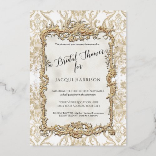 Floral Vintage Elegant Taupe n Gold Bridal Shower Foil Invitation