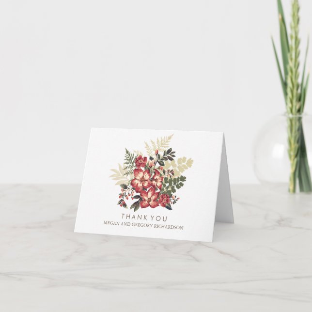 floral vintage fall burgundy wedding thank you card (Front)
