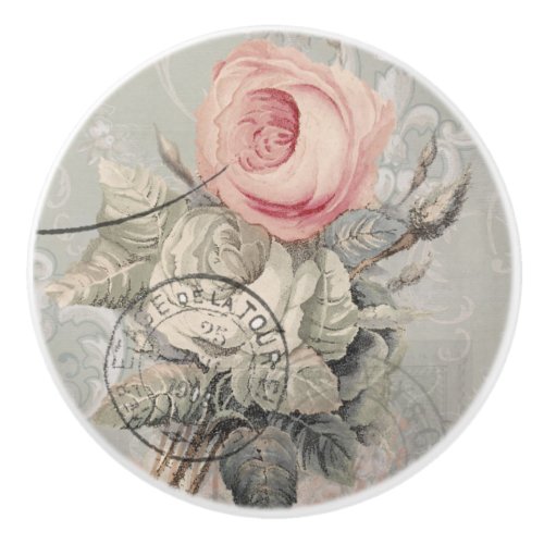 Floral Vintage French Pink Roses Gray Ephemera Ceramic Knob