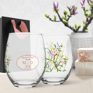 Floral Vintage French Style Monogram & Names Stemless Wine Glass