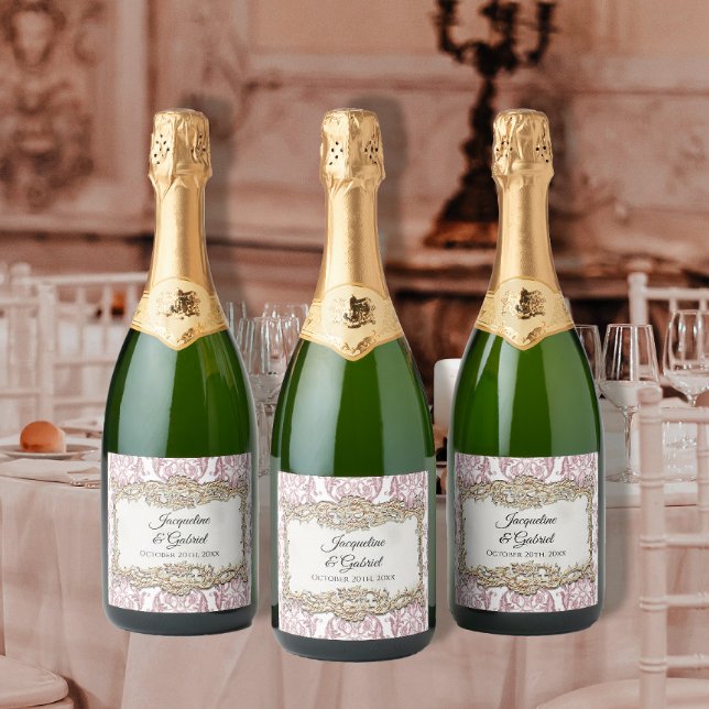 Floral Vintage French Toile Pink Wedding Reception Sparkling Wine Label (Creator Uploaded)