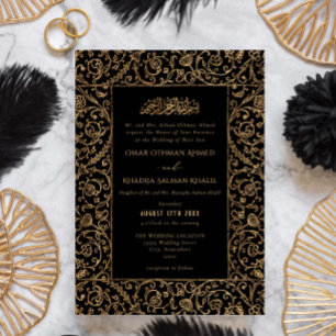 Floral Vintage Gold & Black Islamic Muslim Wedding Invitation