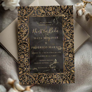Floral Vintage Gold & Black Nuestra Boda Wedding Invitation