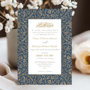 Floral Vintage Gold & Blue Islamic Muslim Wedding Invitation