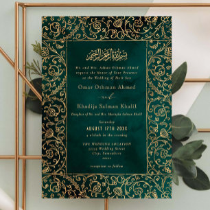 Floral Vintage Gold & Green Velvet Islamic Wedding Invitation