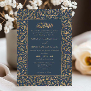 Floral Vintage Gold & Navy Blue Islamic Wedding Invitation