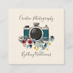 Floral Vintage Hand Drawn Camera Photography Square Business Card