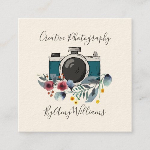 Floral Vintage Hand Drawn Camera Photography Square Business Card