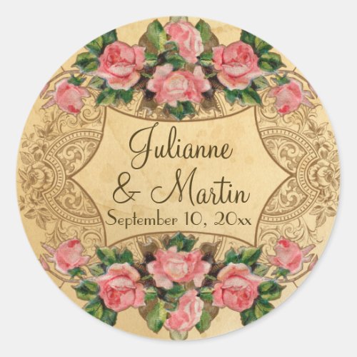 Floral Vintage Modern Pink Roses Love Birds Swirls Classic Round Sticker