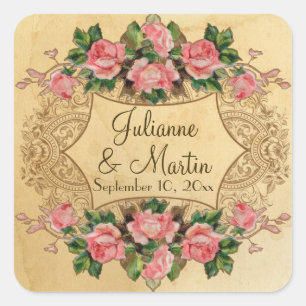 Floral Vintage Modern Pink Roses Love Birds Swirls Square Sticker