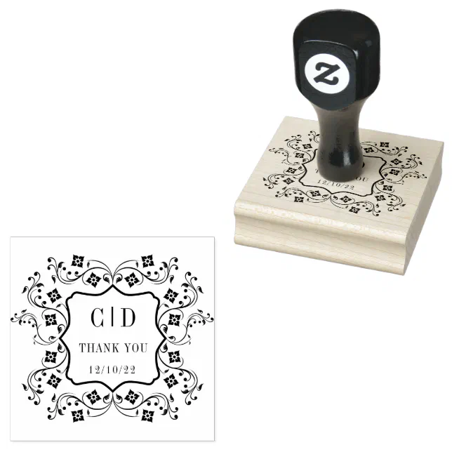 Floral Vintage Monogram Wedding Thank You Rubber Stamp | Zazzle