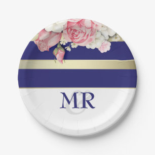 Floral Vintage Navy Gold White Stripes Wedding Paper Plates