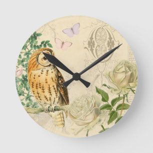 Floral vintage owl clock with beautiful roses