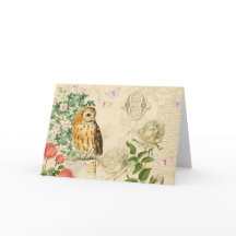 Floral vintage owl greeting card with roses