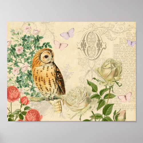 Floral vintage owl poster with beautiful roses