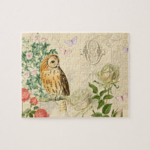 Floral vintage owl puzzle with beautiful roses