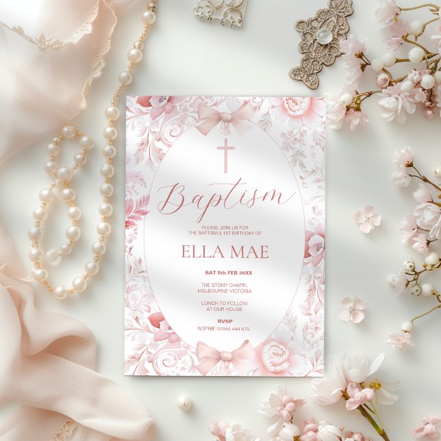 Floral Vintage Pink Baptism Invitation for Girls (Creator Uploaded)
