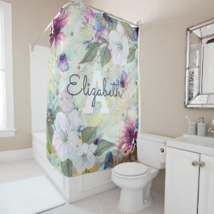 Floral vintage seafoam green watercolor monogram shower curtain