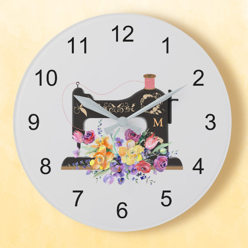 Floral Vintage Sewing Machine Monogram Large Clock