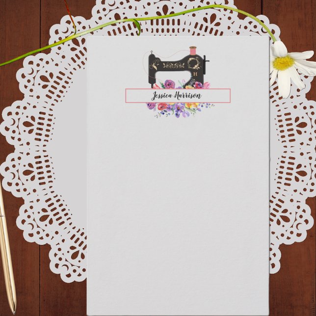 Floral Vintage Sewing Machine Monogram  Stationery (Creator Uploaded)