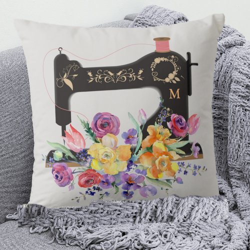 Floral Vintage Sewing Machine Monogram  Throw Pillow